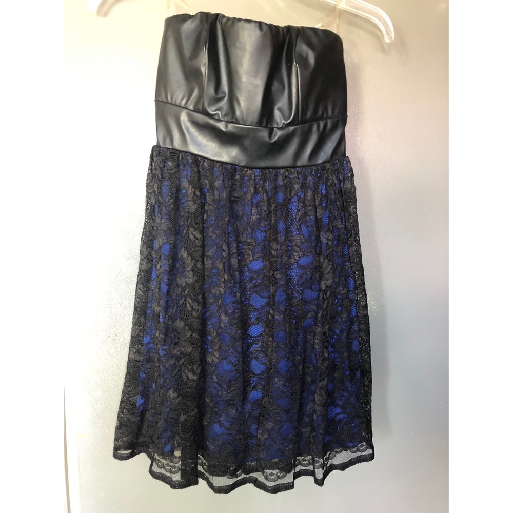 Black lace over blue dress, faux leather top